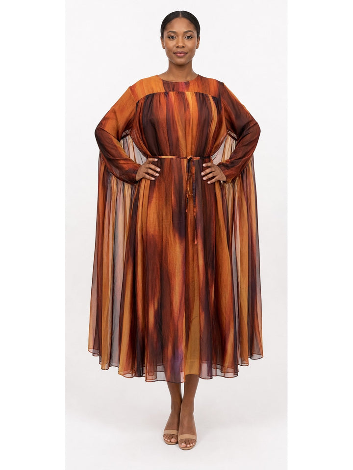 Sunset Cascade Printed Chiffon Cape Dress