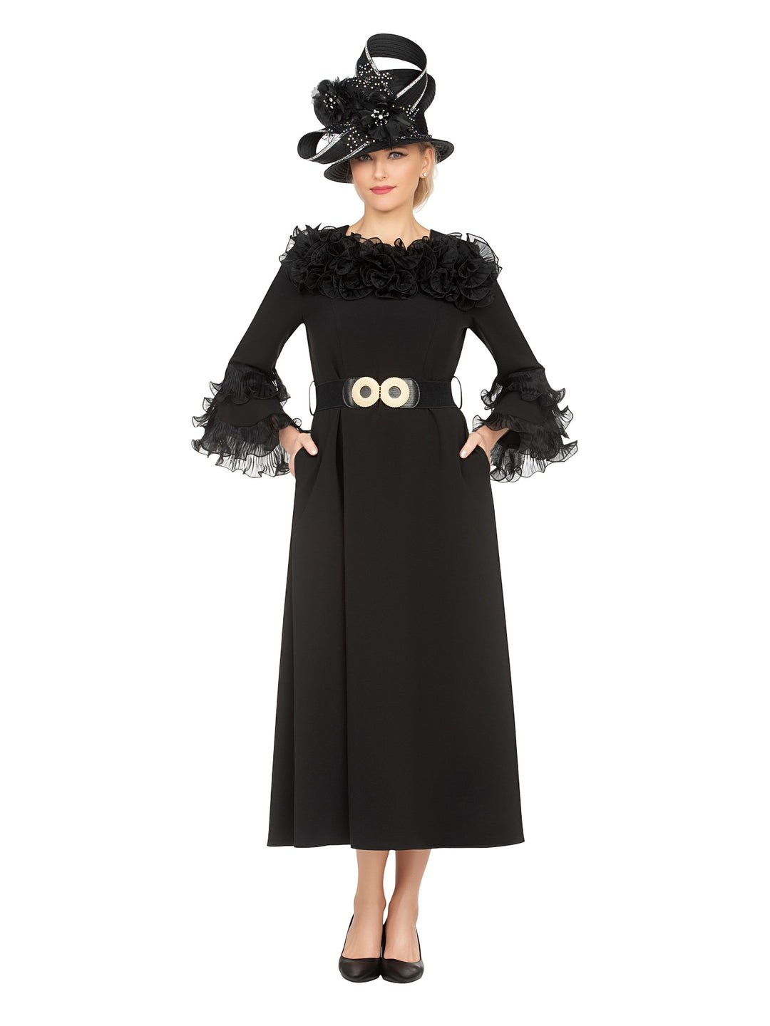 Belted A-line Dress in Stretch Crepe & Orgz-Plus