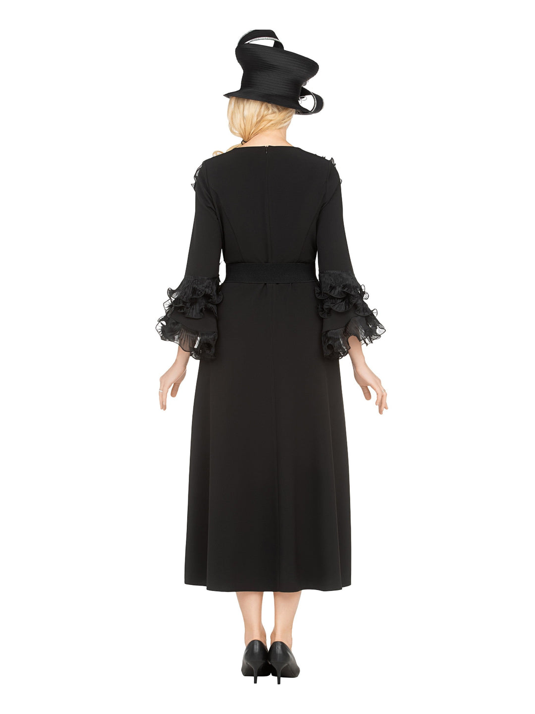 Belted A-line Dress in Stretch Crepe & Orgz-Plus
