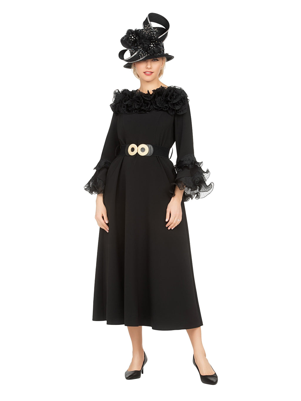 Belted A-line Dress in Stretch Crepe & Organza