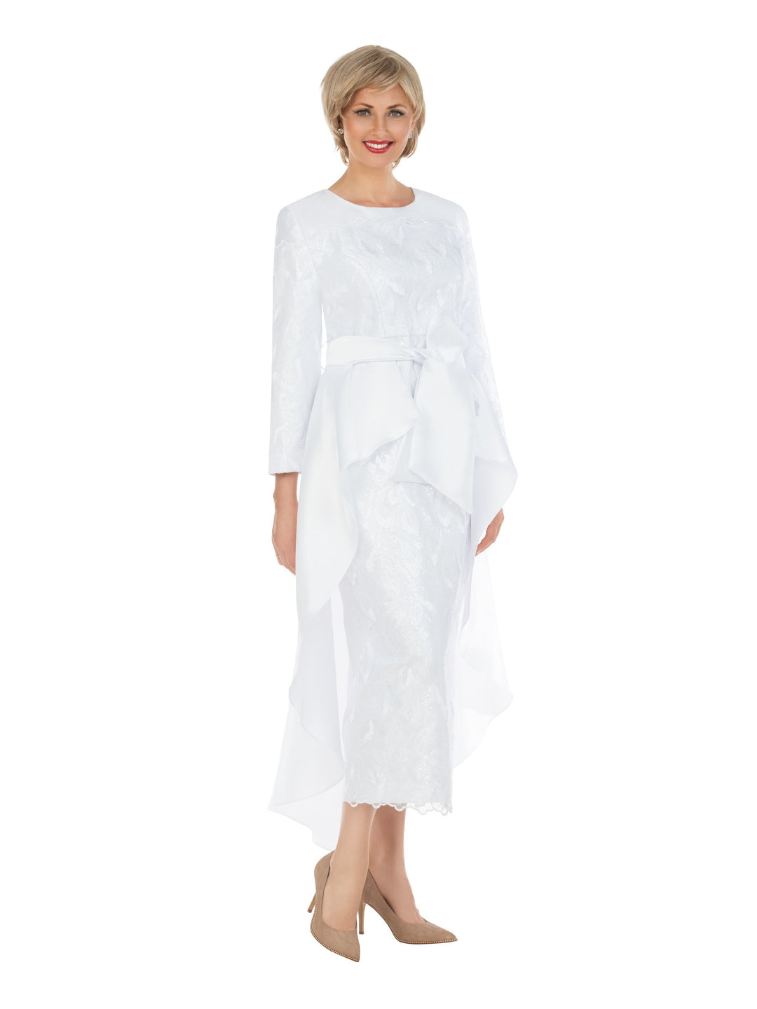 Sequined Lace Gown with Dramatic Hi-Lo Waist Cape