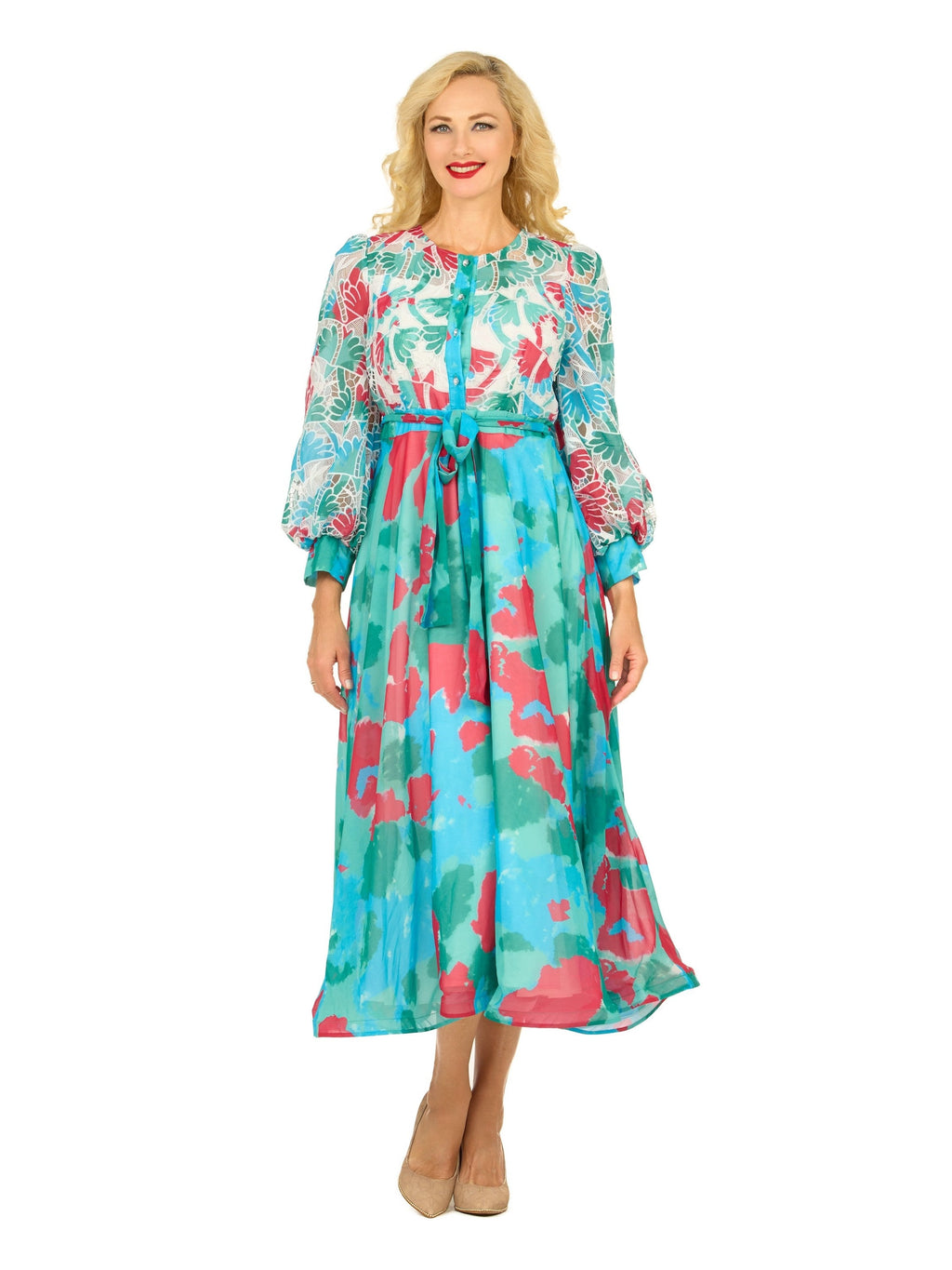 Embroidered Floral Chiffon Maxi Dress w/ Belt