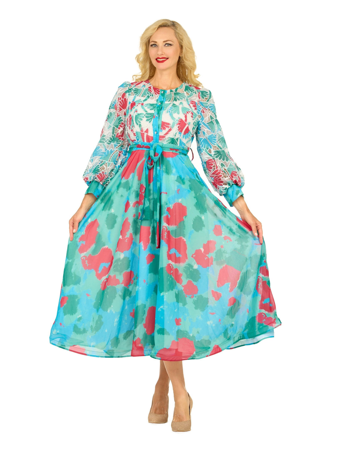 Embroidered Floral Chiffon Maxi Dress w/ Belt