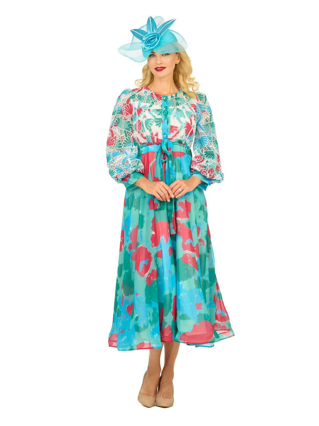 Embroidered Floral Chiffon Maxi Dress w/ Belt