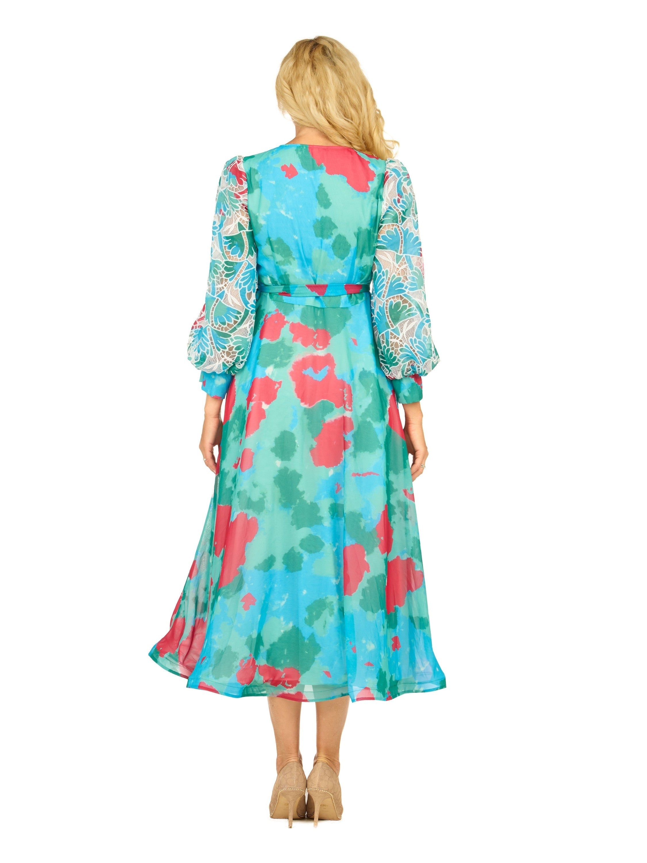 Embroidered Floral Chiffon Maxi Dress w/ Belt