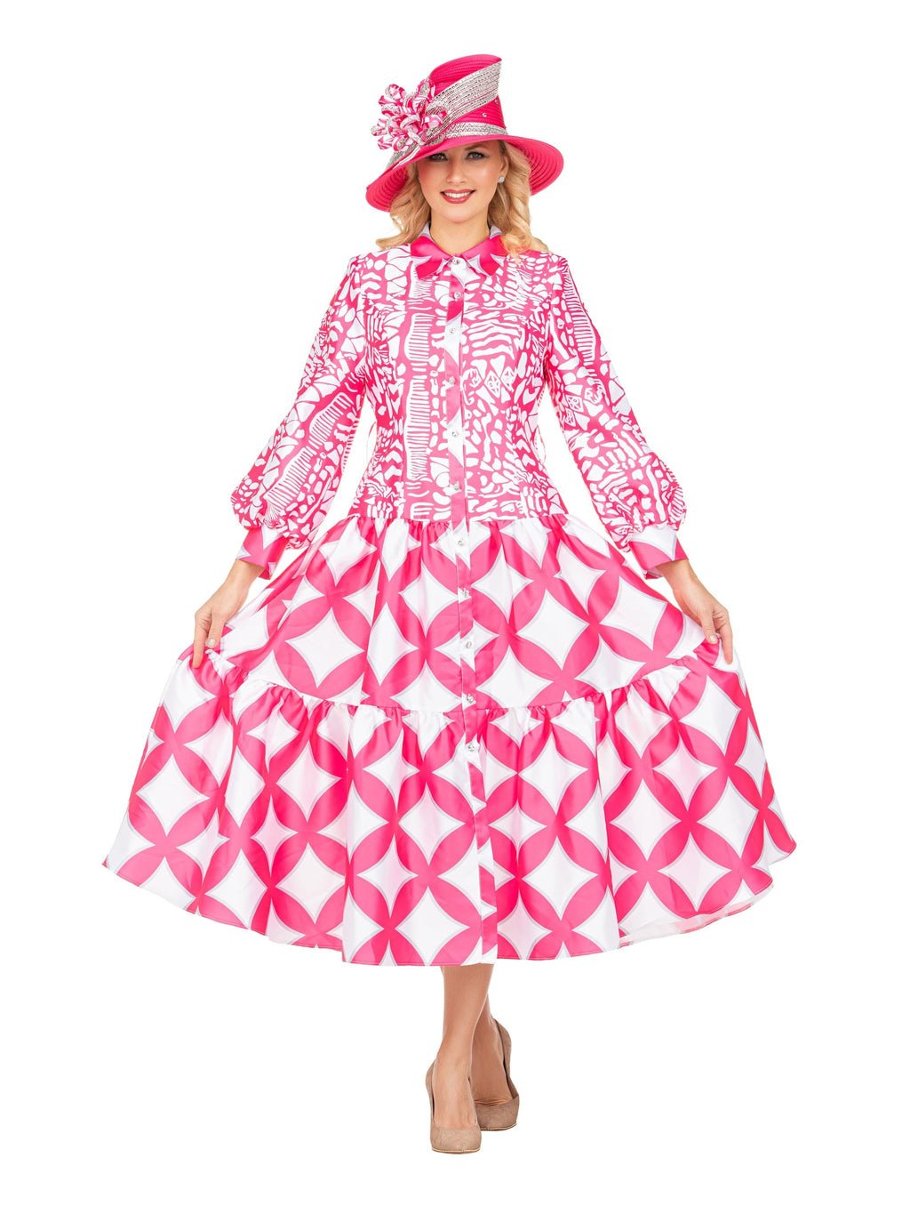 Bold Prt Tiered Button-Front Midi Drs w/ Belt-Plus