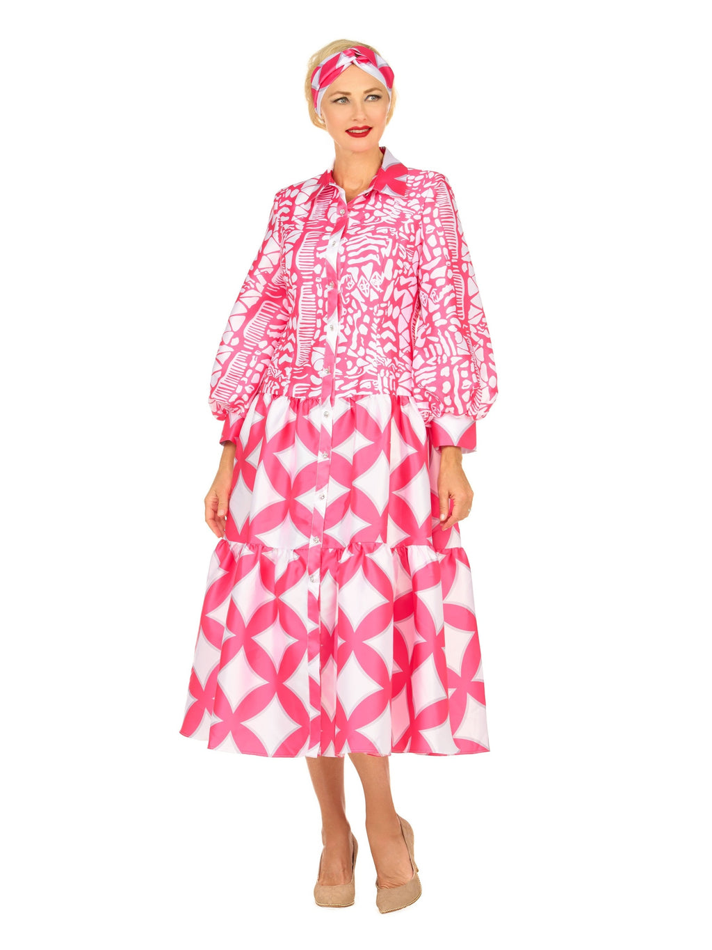 Bold Prt Tiered Button-Front Midi Drs w/ Belt-Plus