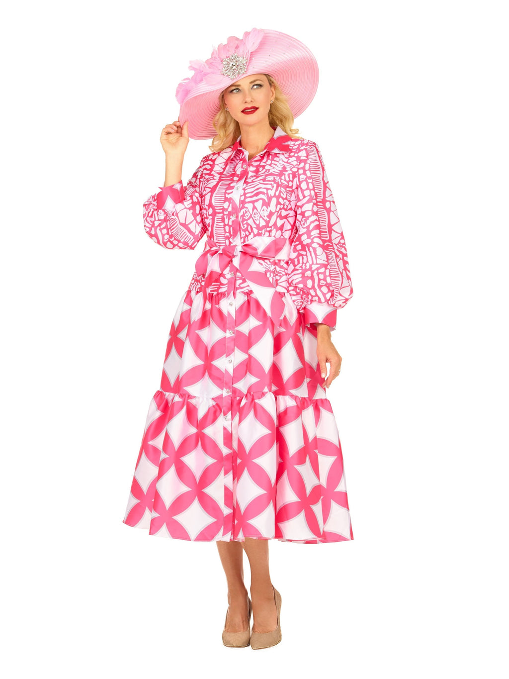 Bold Print Tiered Button-Front Midi Dress w/ Belt