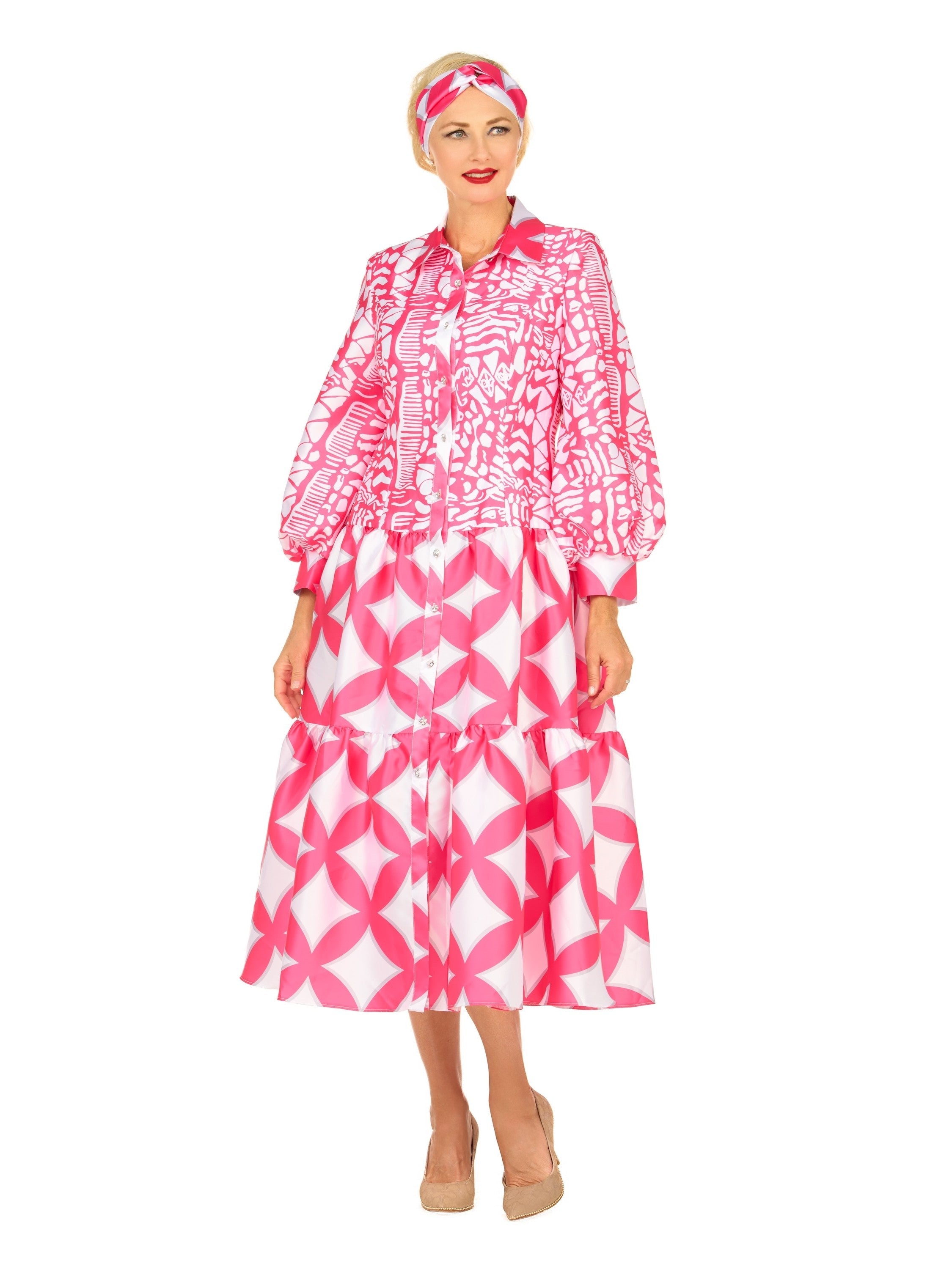 Bold Print Tiered Button-Front Midi Dress w/ Belt