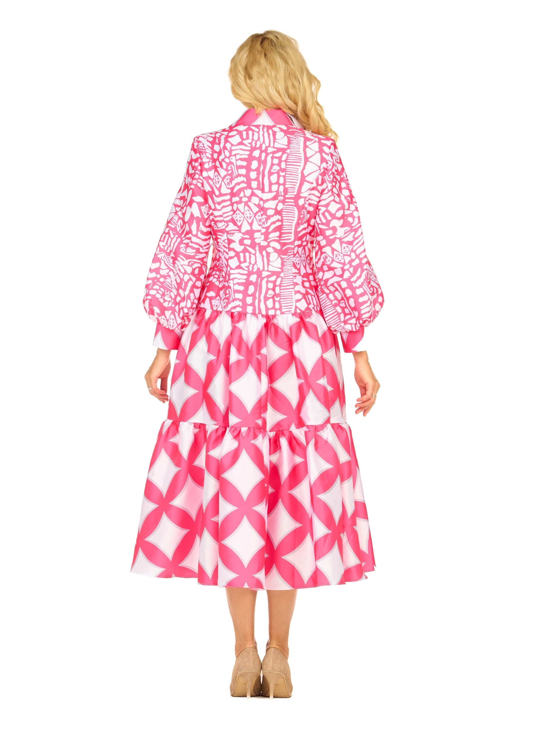 Bold Print Tiered Button-Front Midi Dress w/ Belt