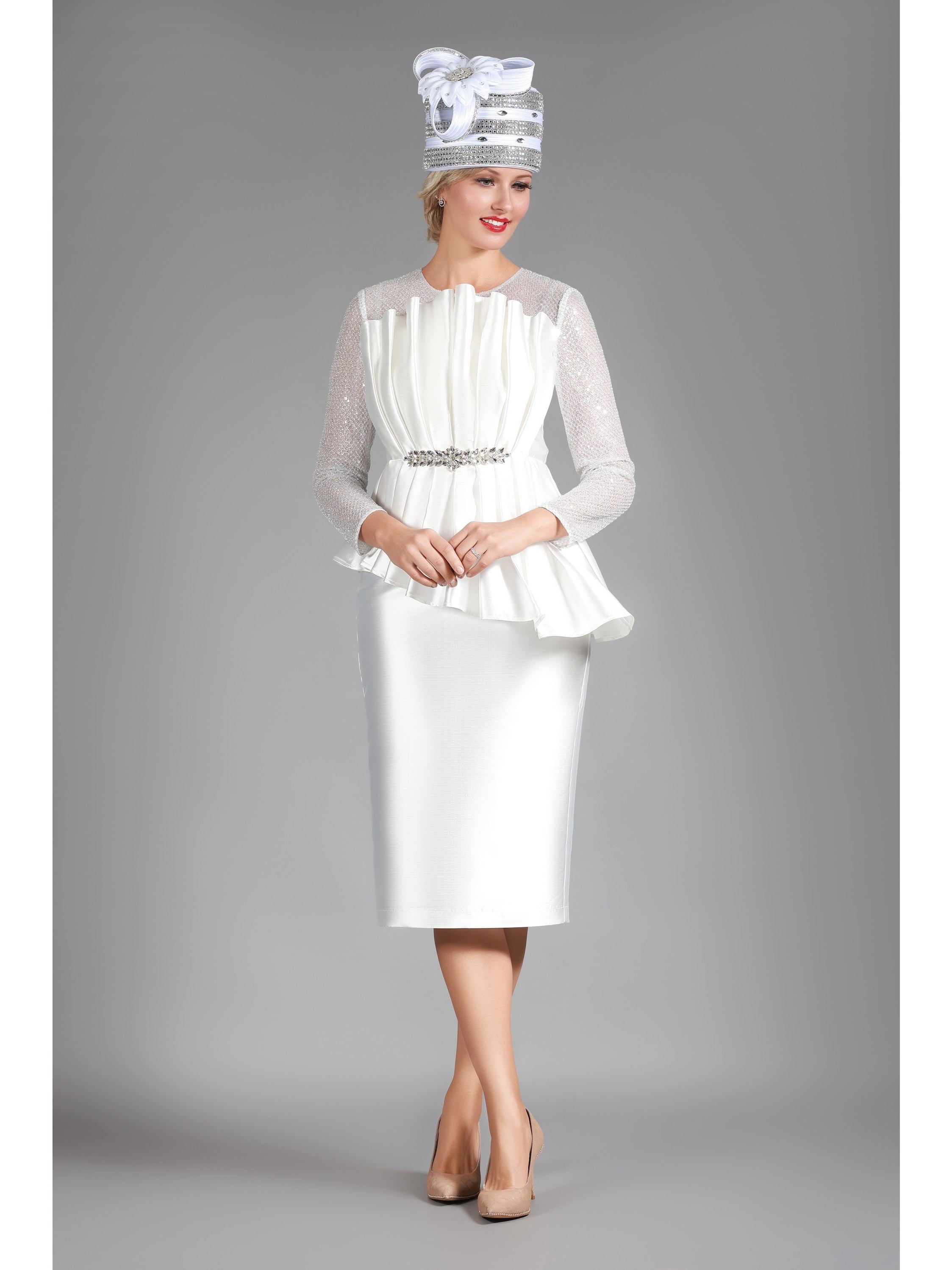 Pleated Pplm Silky Twl Drs w/ See-thru Lace Slvs