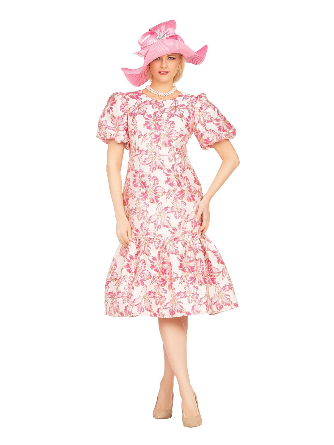 Floral Brocade Short Balloon Slv Mermaid Dress