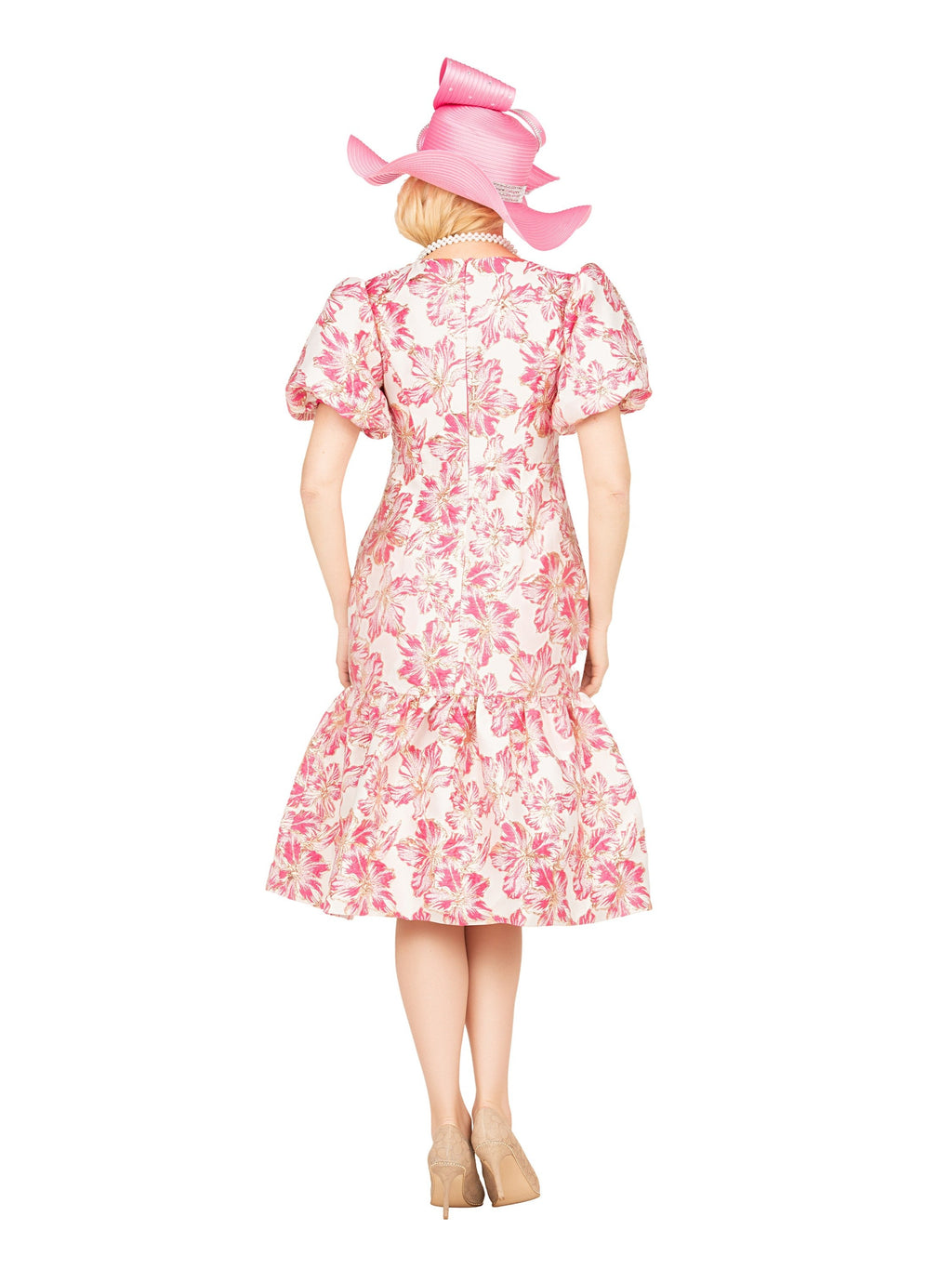 Floral Brocade Short Balloon Slv Mermaid Dress