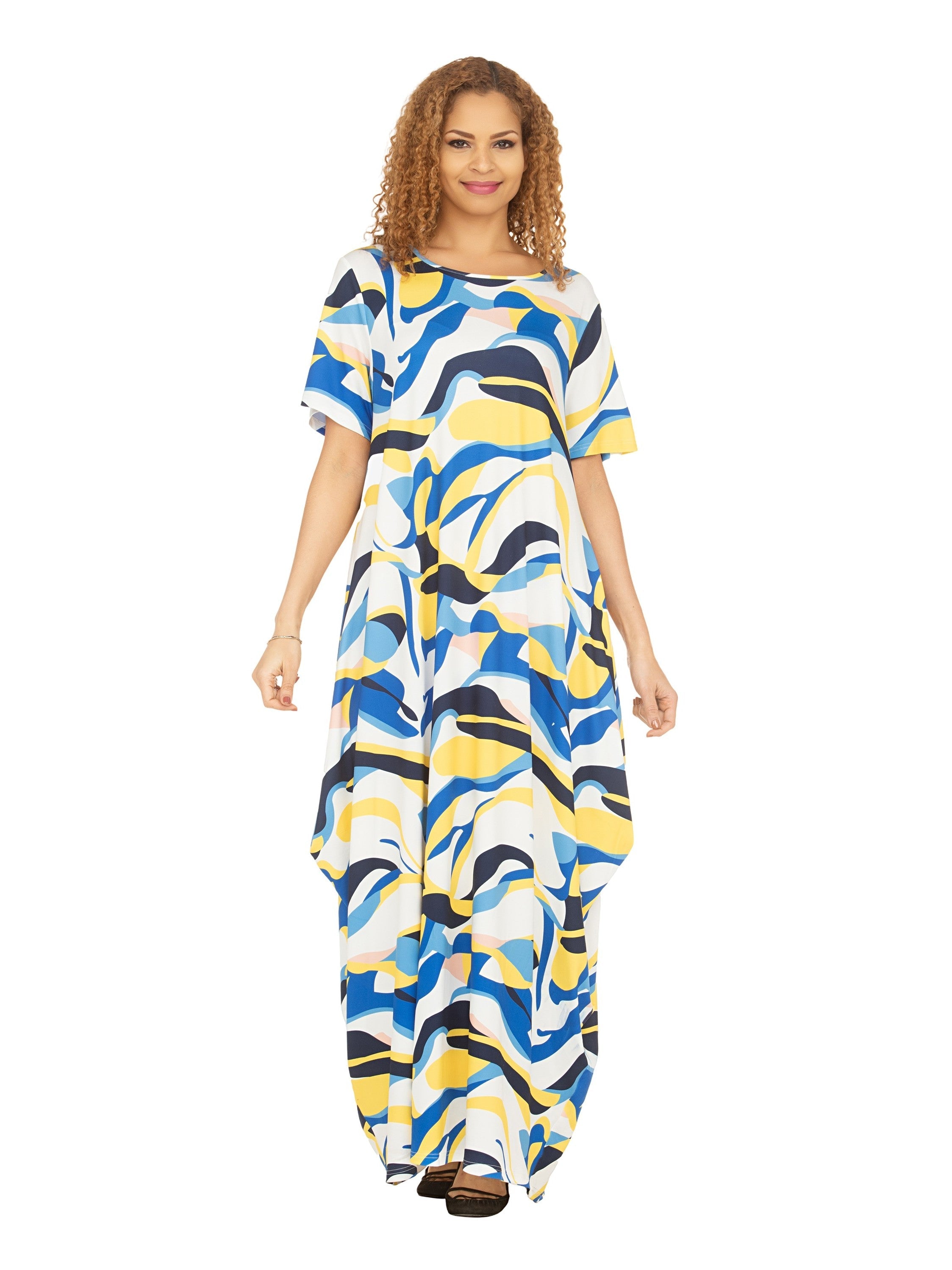 Short Slv Jersey Knit Abstract Print Maxi Dress