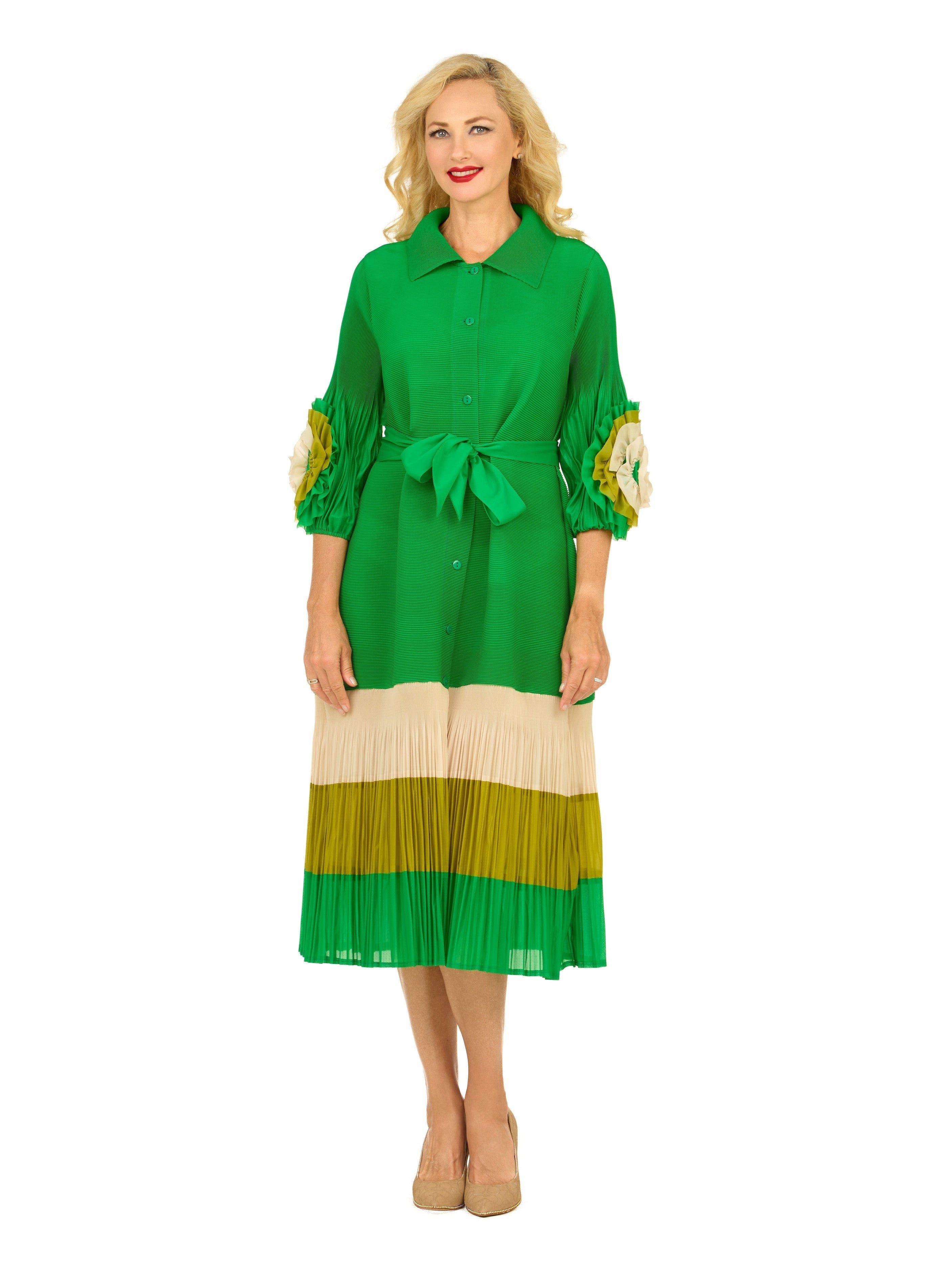 Notch Collar Color Block Shirt Dress in Pleats