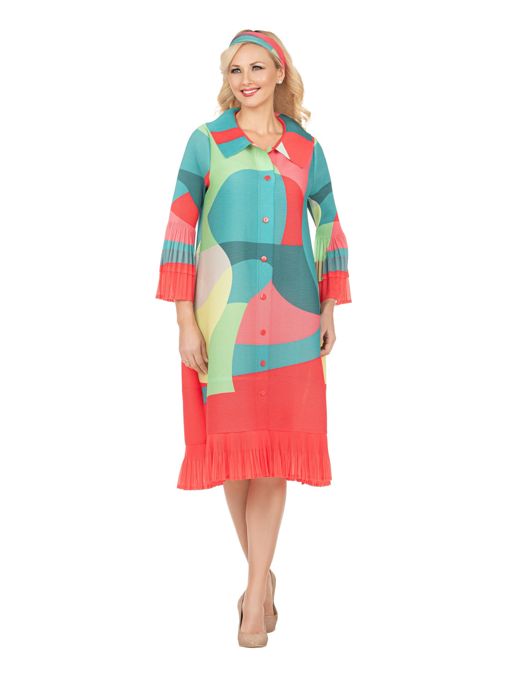 Abstract Print Button Down Midi Dress in Pleats