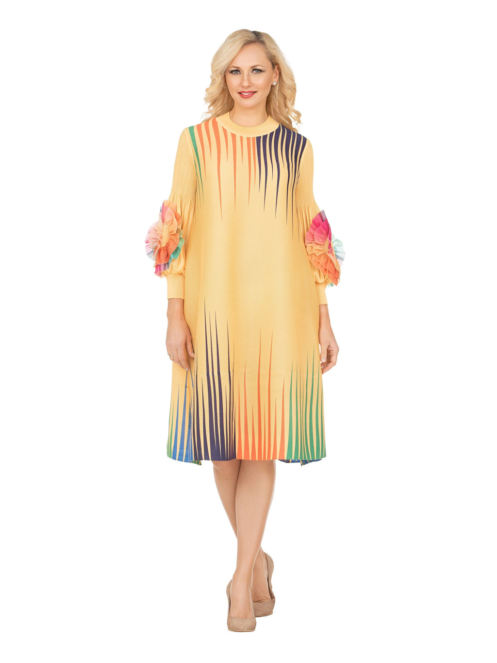 Golden Glow Pleated Dress w/ Artistic Stripe Print