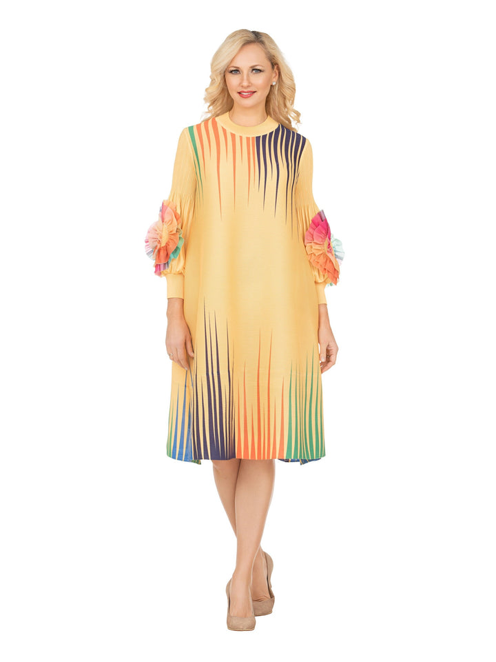 Golden Glow Pleated Dress w/ Artistic Stripe Print