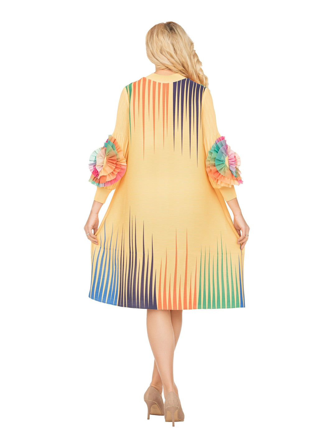 Golden Glow Pleated Dress w/ Artistic Stripe Print