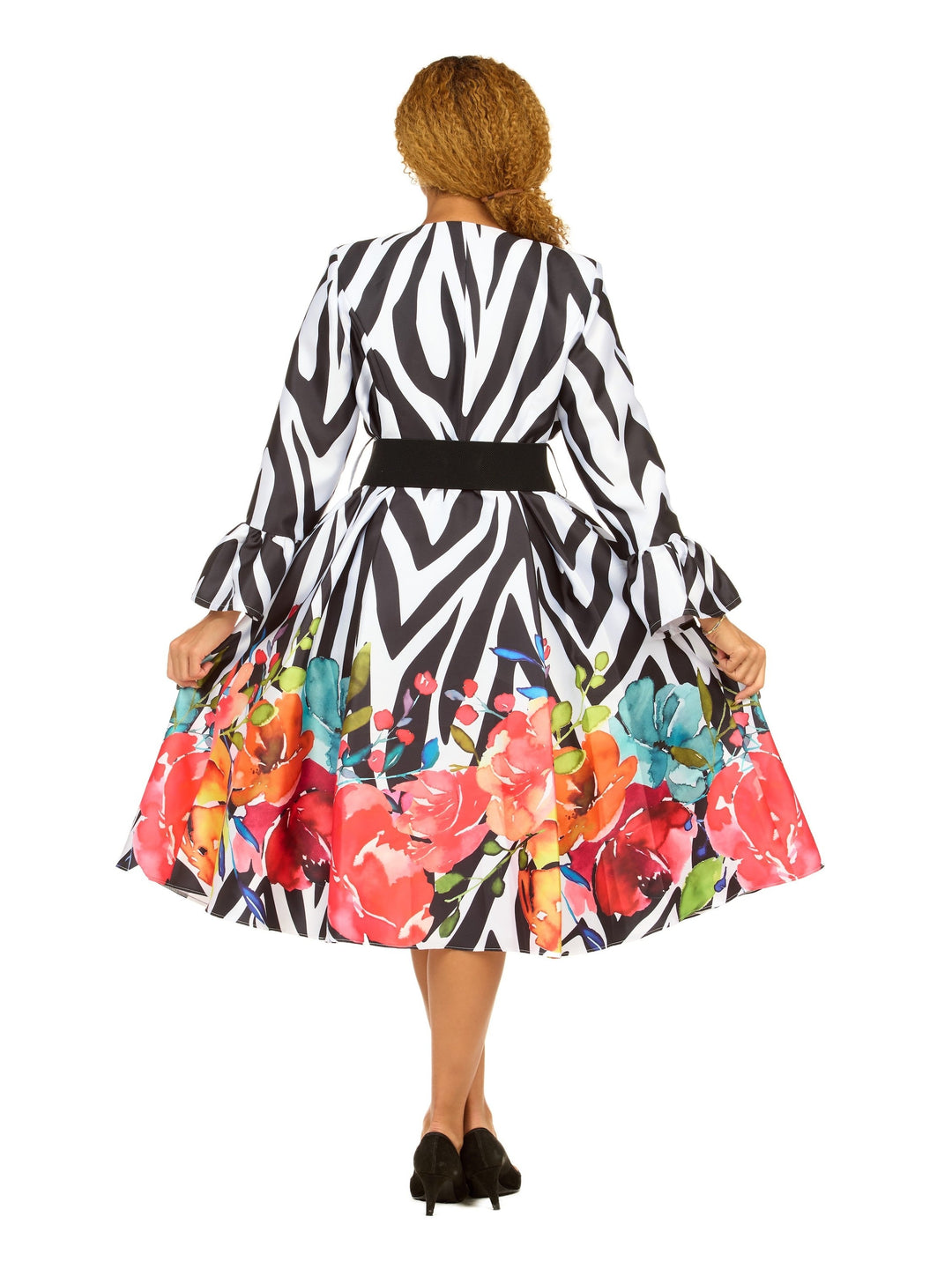 Bold Zebra Floral Silky Twill Tea-Length Dress