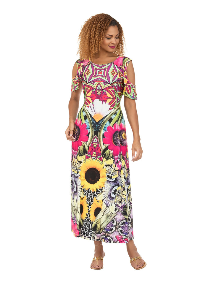 Vibrant Printed Cold-Shoulder Maxi Dress
