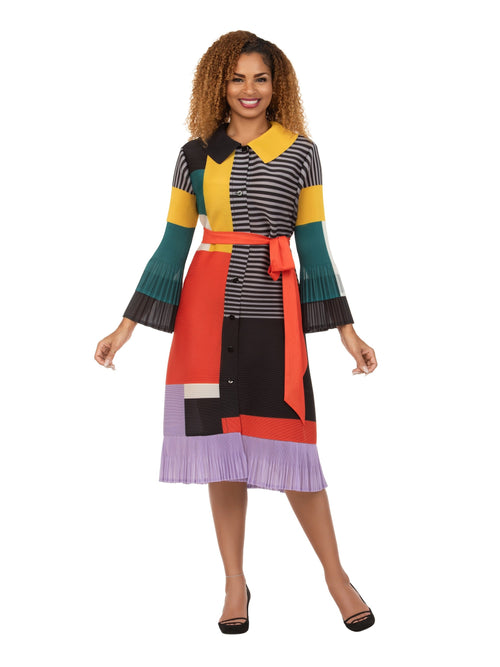 Artistic Colorblock Pleated Shirt Dress with Belt