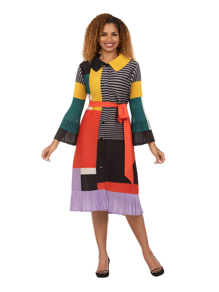 Artistic Colorblock Pleated Shirt Dress with Belt