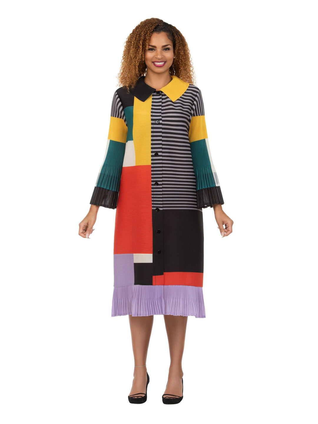 Artistic Colorblock Pleated Shirt Dress with Belt