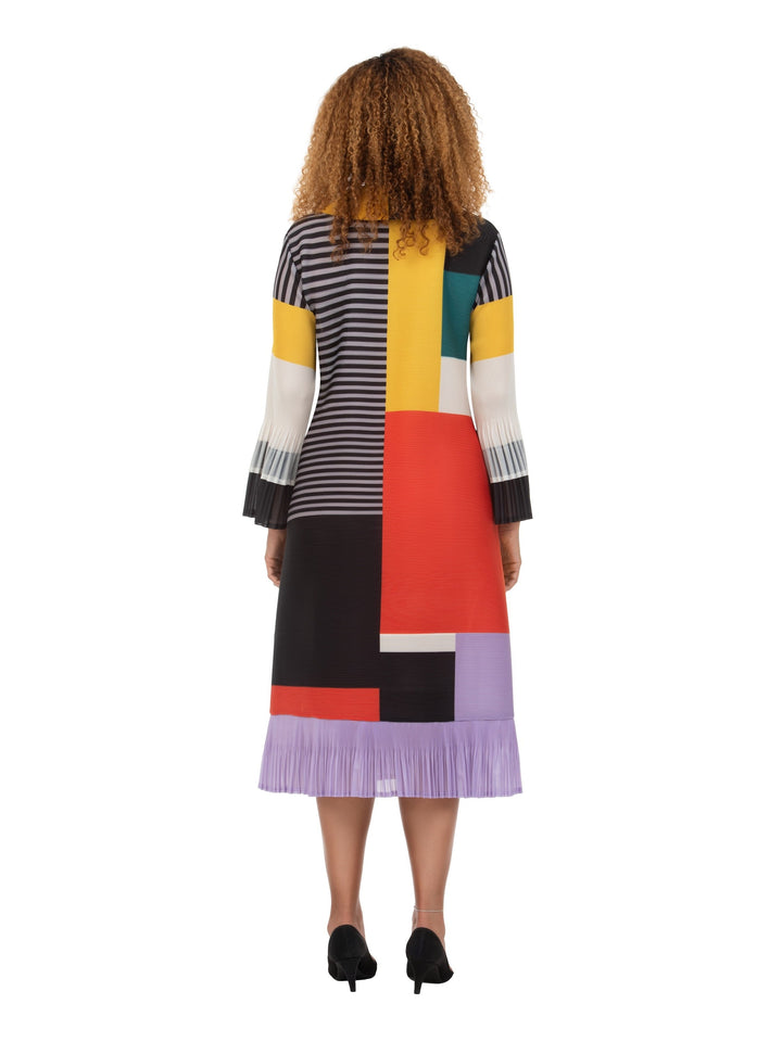 Artistic Colorblock Pleated Shirt Dress with Belt