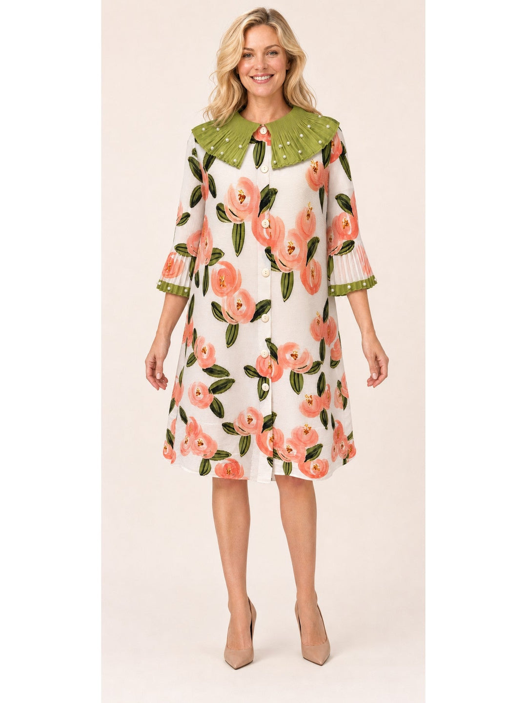 Pearl-Trim Pleated Collar Floral Print Mini Dress