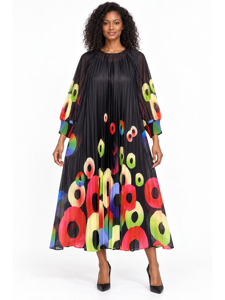Abstract Circle Print Pleated Chiffon Midi Dress
