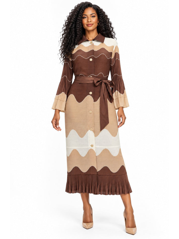 Wavy Colorblock Bouncy Pleated Midi Dress