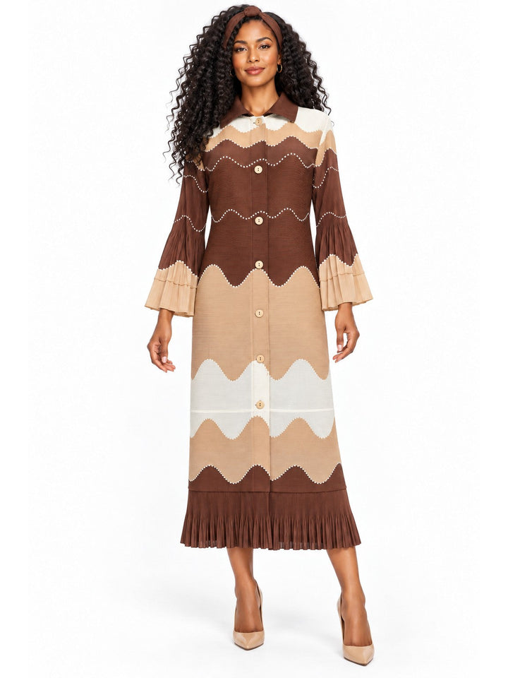 Wavy Colorblock Bouncy Pleated Midi Dress