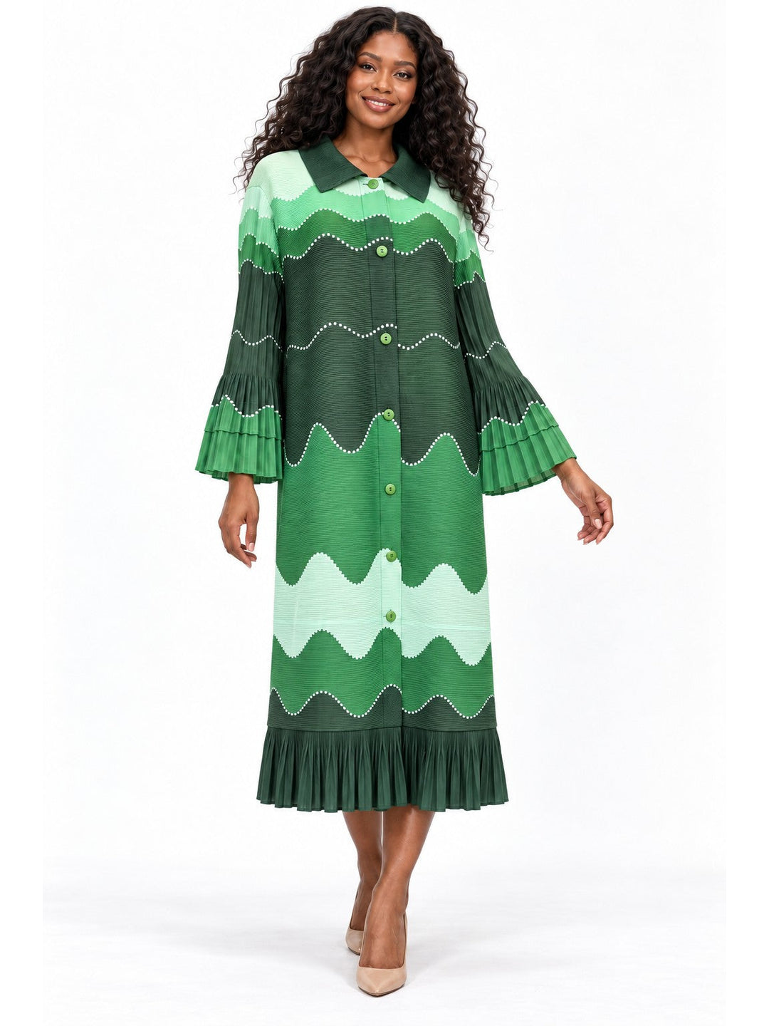 Wavy Colorblock Bouncy Pleated Midi Dress