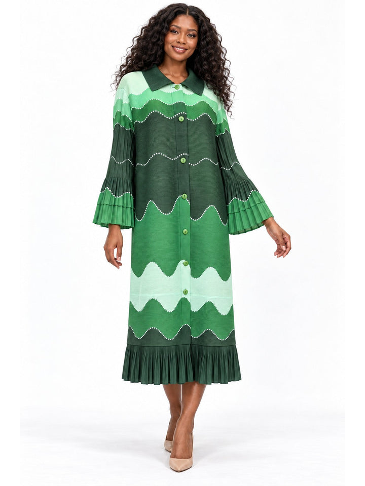 Wavy Colorblock Bouncy Pleated Midi Dress
