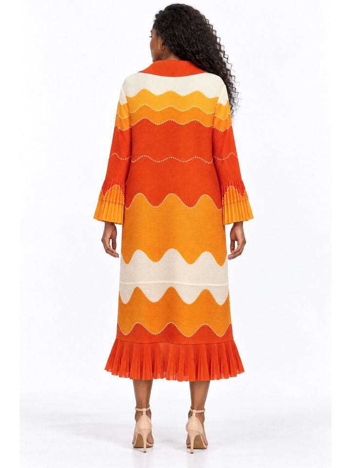 Wavy Colorblock Bouncy Pleated Midi Dress