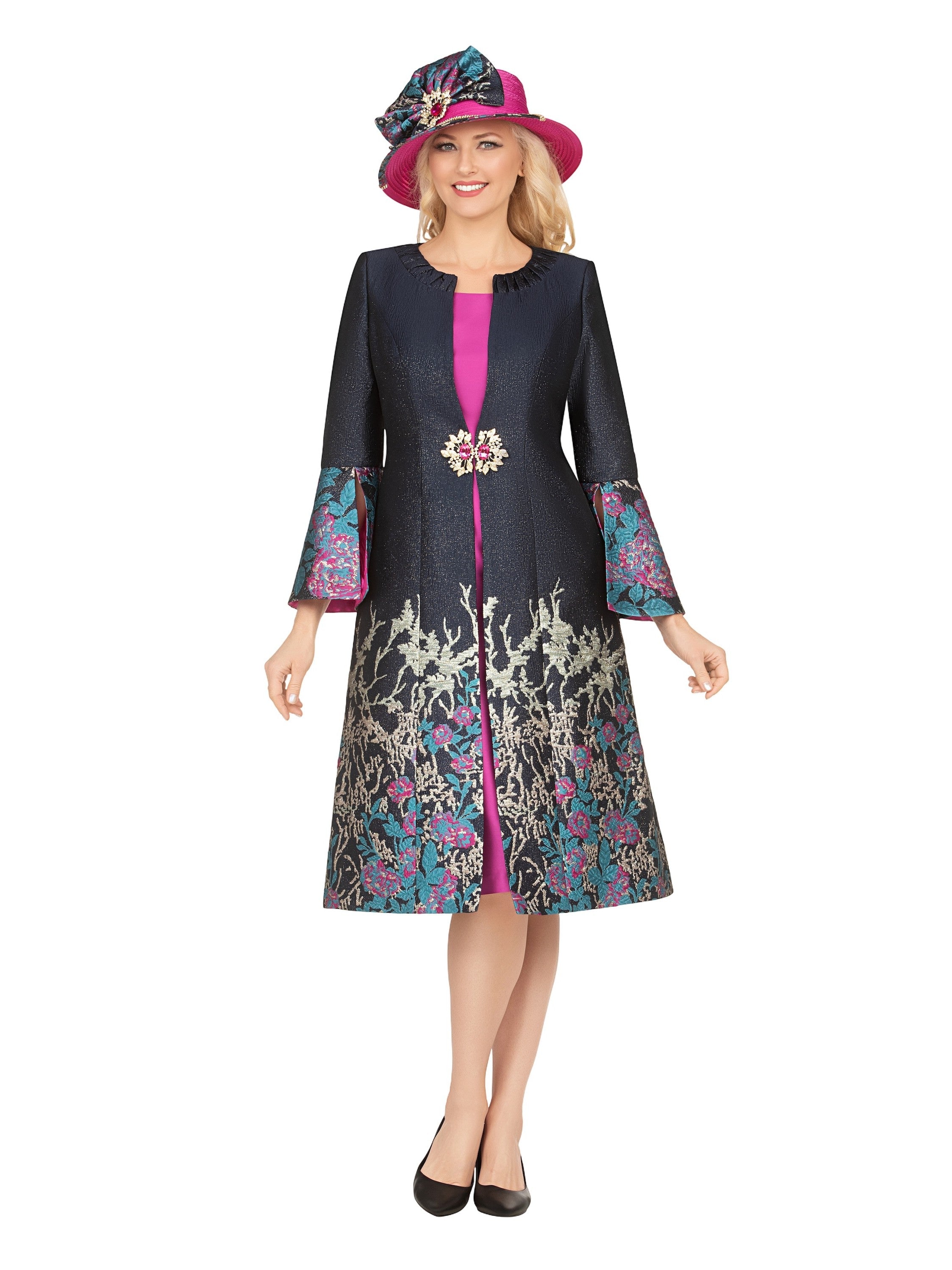 Luxe Brocade Coat&Silky Twill Dress Ensemble-Plus