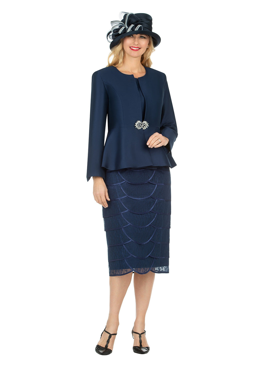 3pc Peplum Jkt&Scallop Shape Lace Skt Suit-Plus
