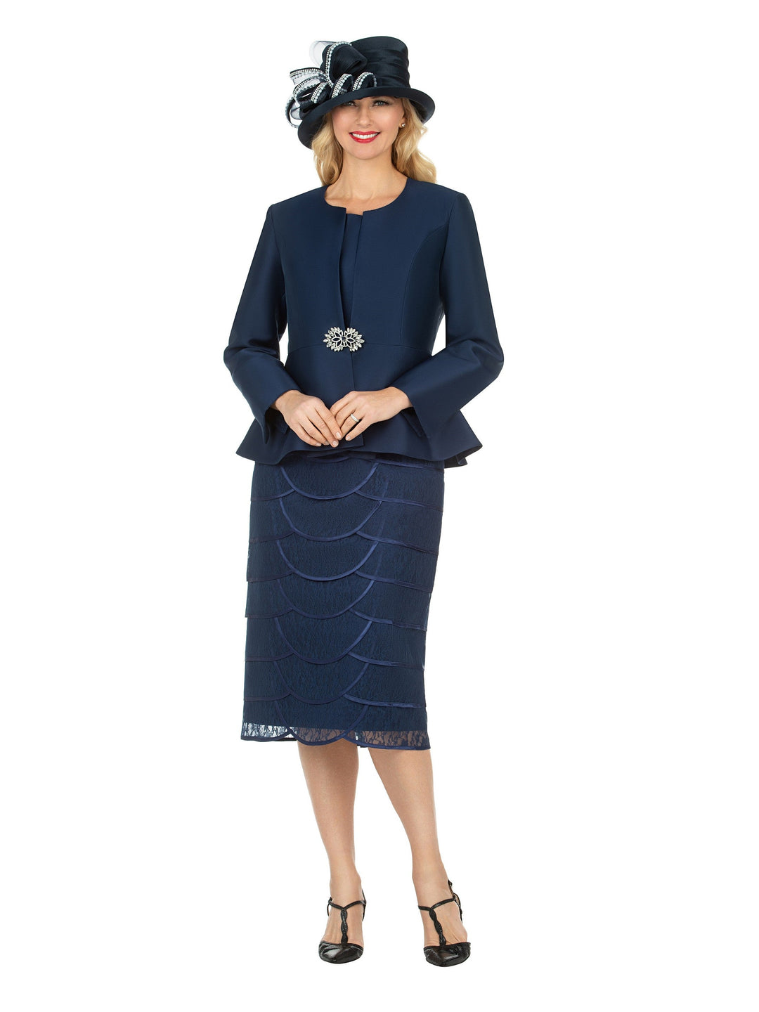 3pc Peplum Jkt&Scallop Shape Lace Skt Suit-Plus