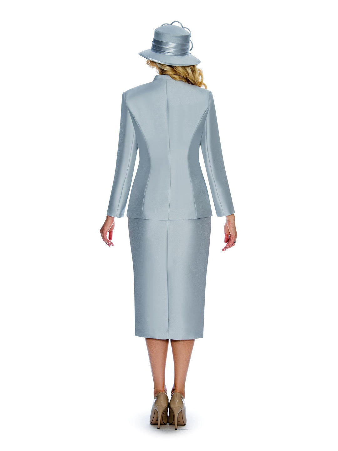 3pc Collarless Cutout & Beading Skirt Suit