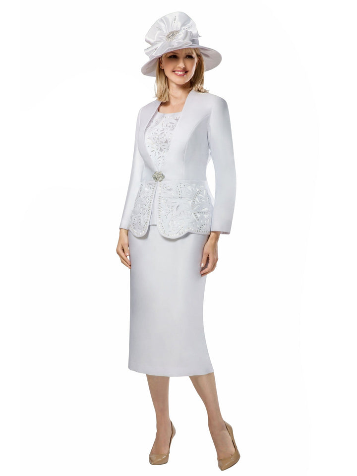 3pc Collarless Cutout & Beading Skirt Suit