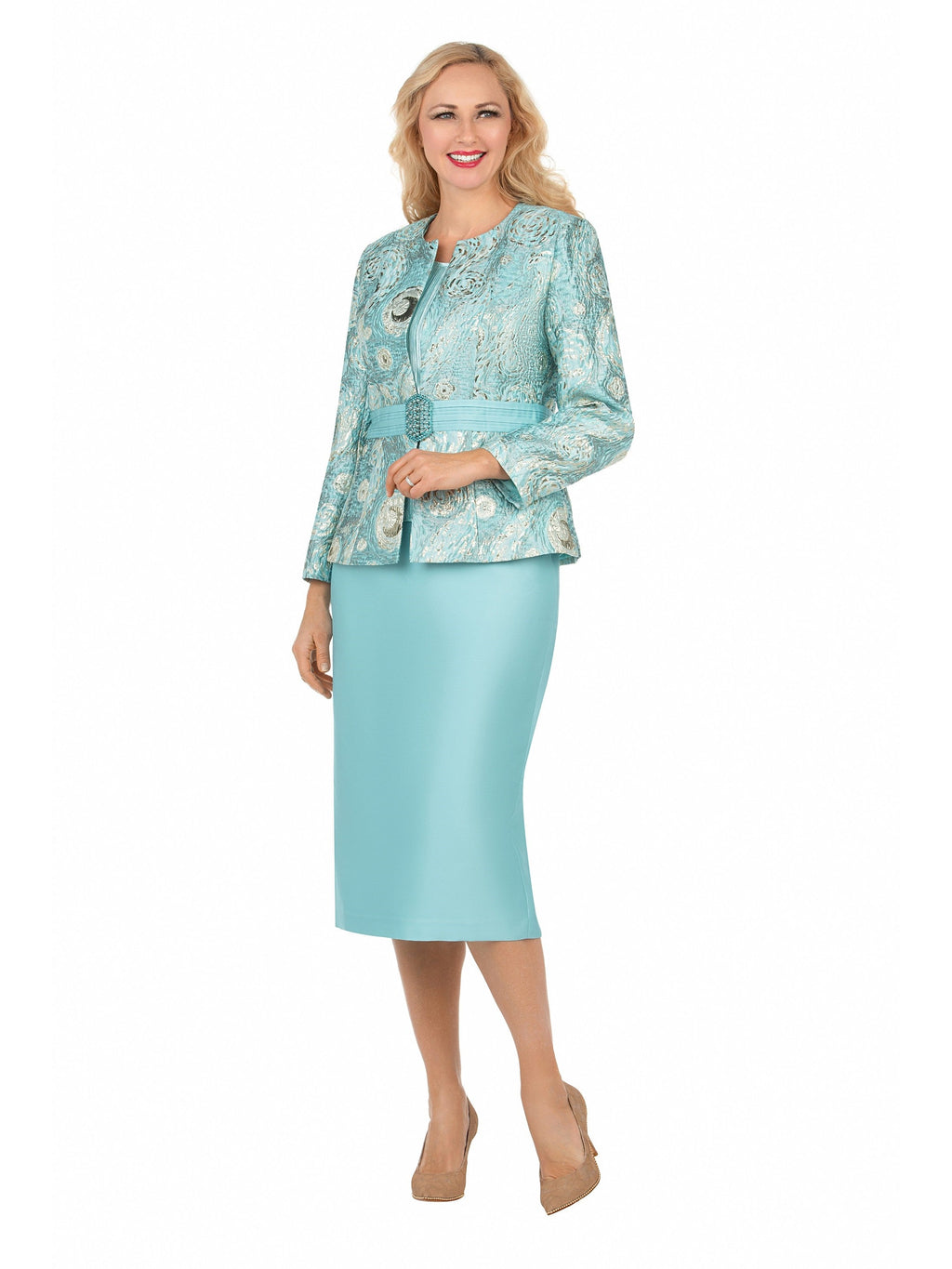 3pc Classic Brocade+Silky Twill Skirt Suit-Plus