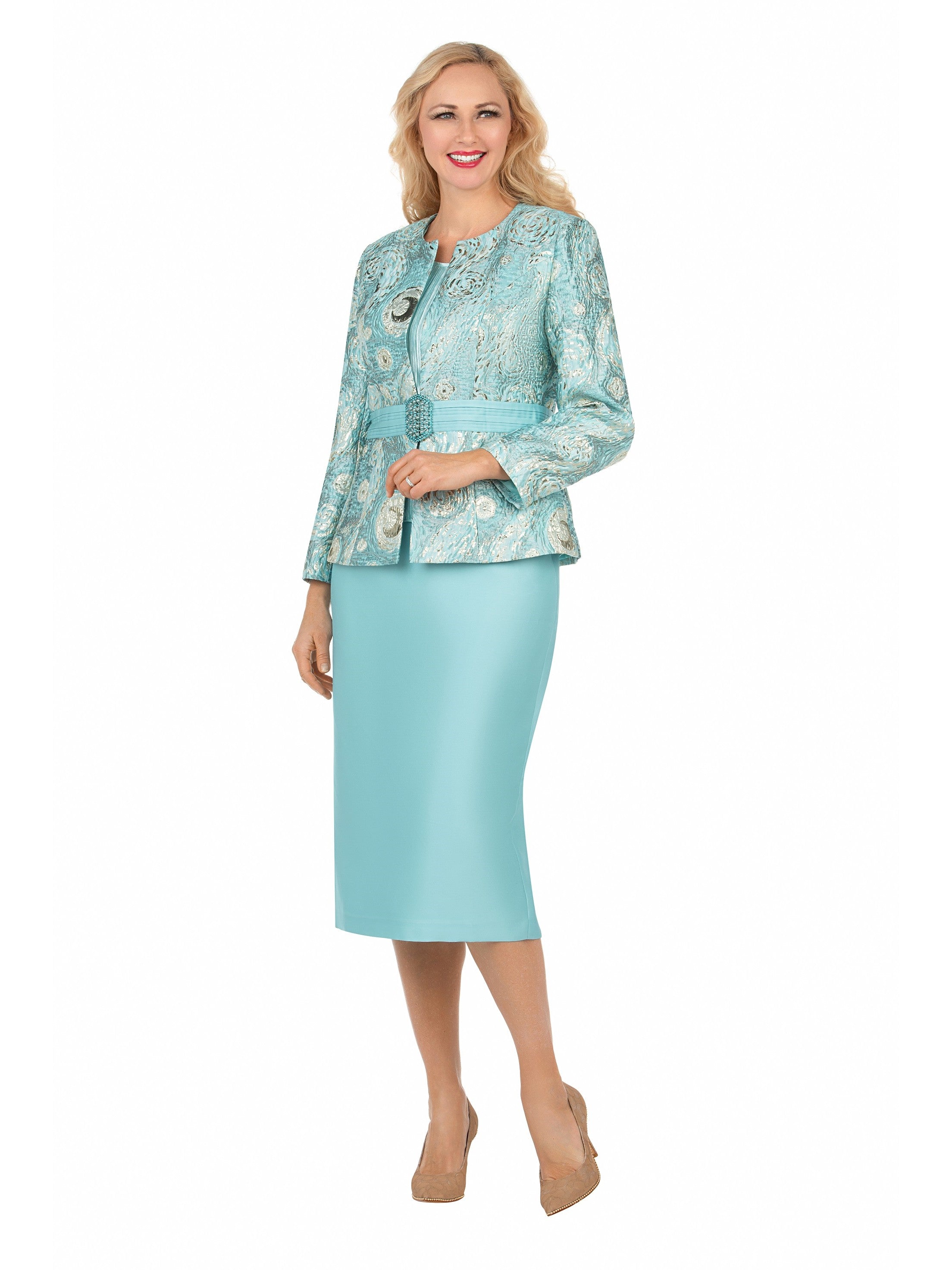 3pc Classic Brocade+Silky Twill Skirt Suit-Plus