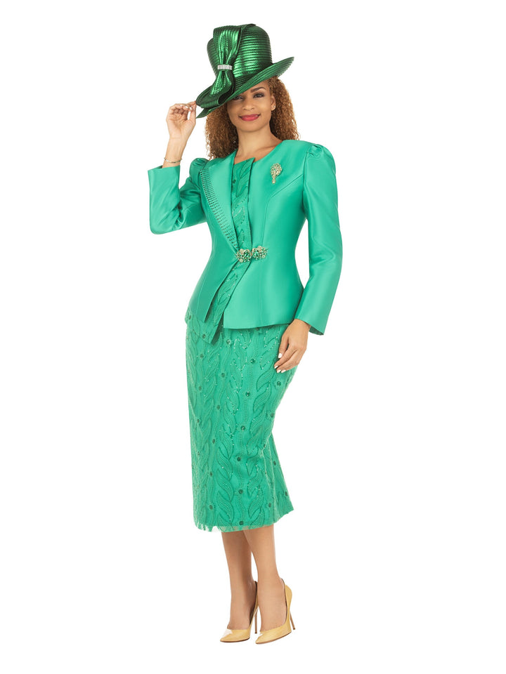 2pc Silky Twill Jkt&Sequined Lace Skirt Suit-Plus