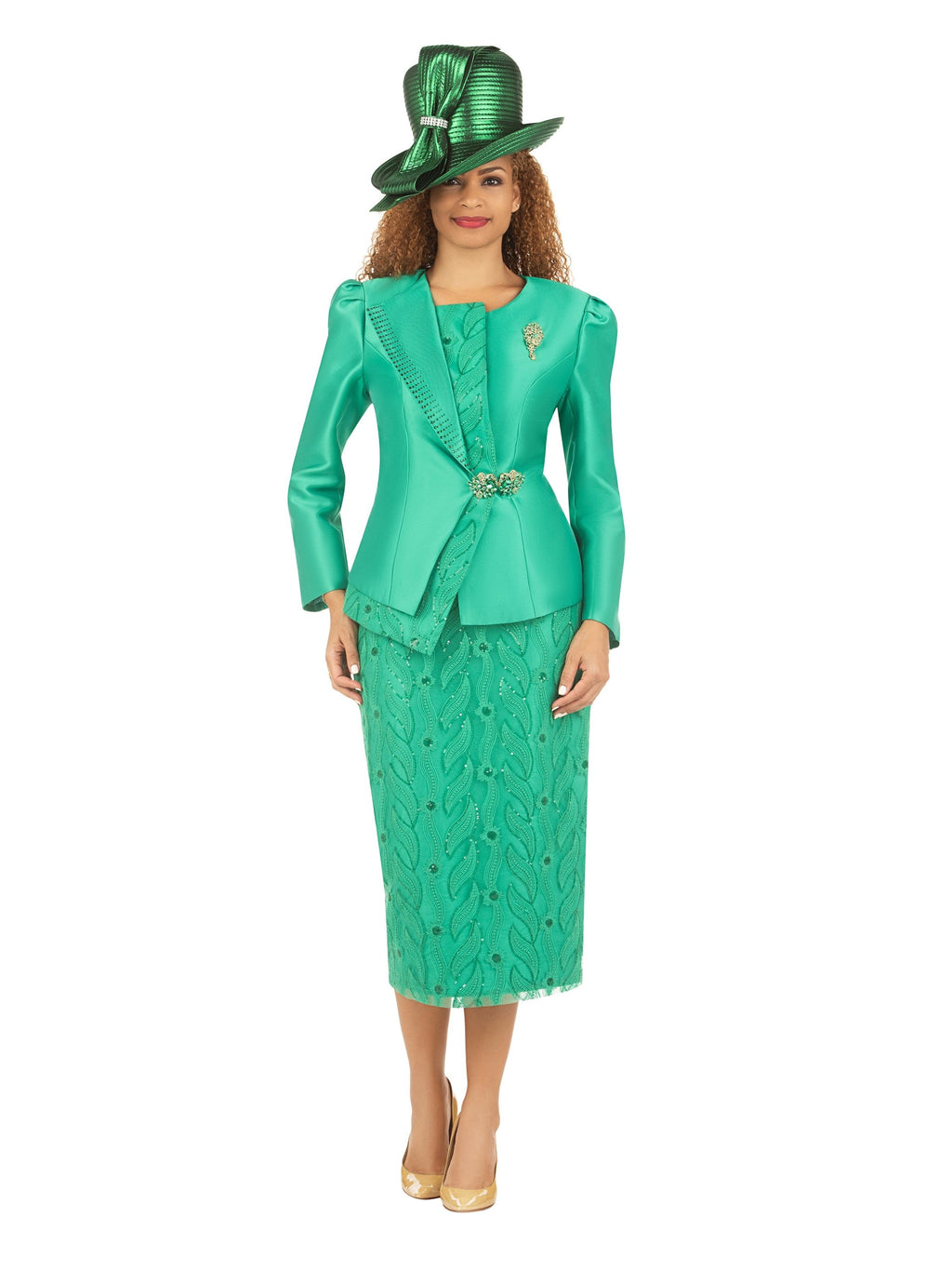 2pc Silky Twill Jkt&Sequined Lace Skirt Suit-Plus