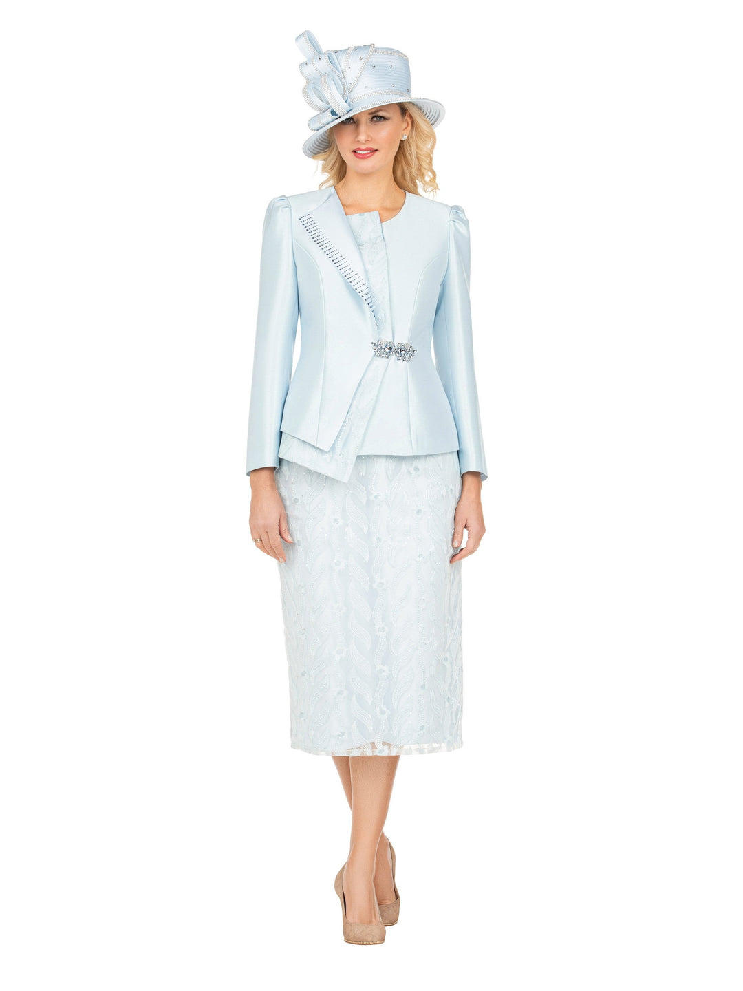2pc Silky Twill Jkt&Sequined Lace Skirt Suit-Plus