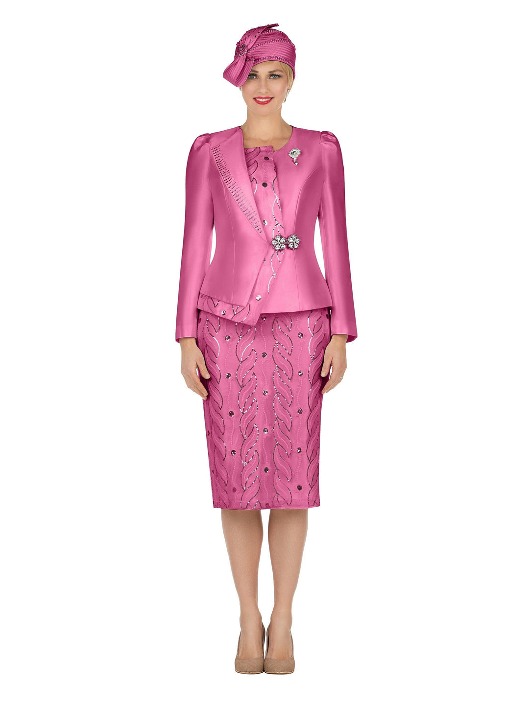 2pc Silky Twill Jkt&Sequined Lace Skirt Suit-Plus