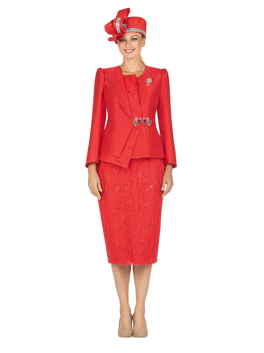 2pc Silky Twill Jkt&Sequined Lace Skirt Suit-Plus