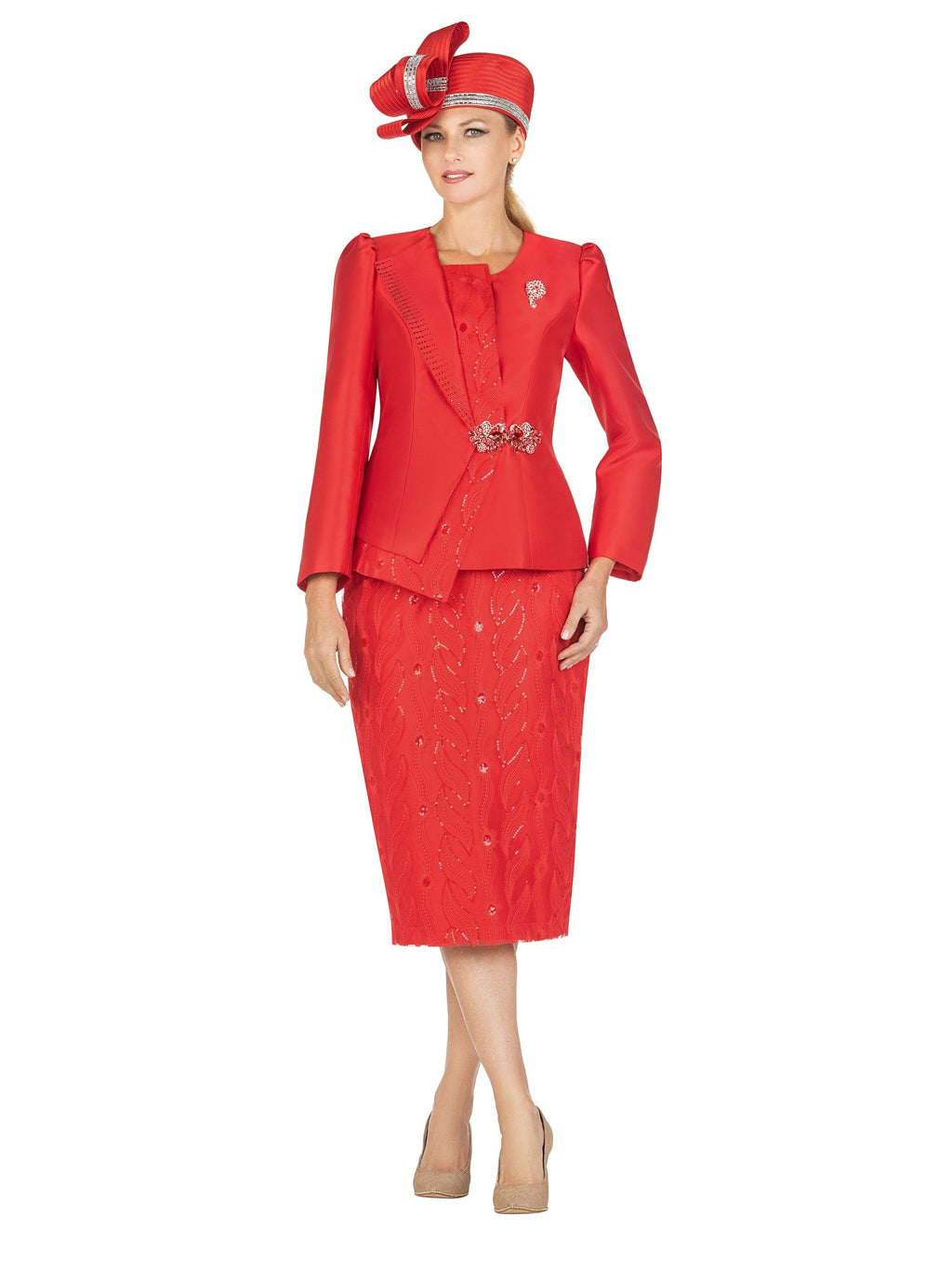 2pc Silky Twill Jkt&Sequined Lace Skirt Suit-Plus