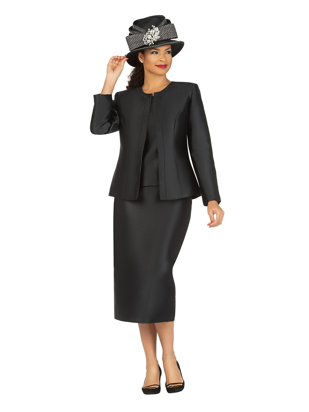 3pc Silky Twill Skirt Suit w/ Rhinestones - Plus